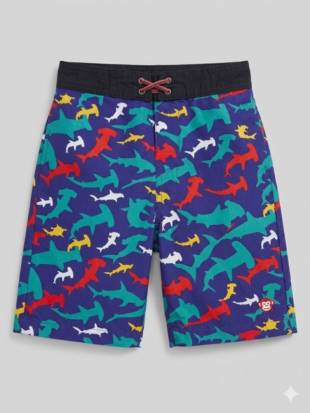 Appaman Shark-Print Swim Trunks in Blue, Teal, Red, Yellow, White